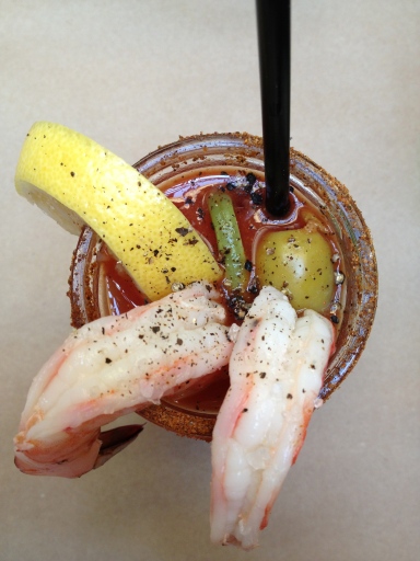 Shrimp Cocktail Bloody Mary at Williamsburg's Le Barricou. Get inside me. (Bloody Mary > Mimosa)